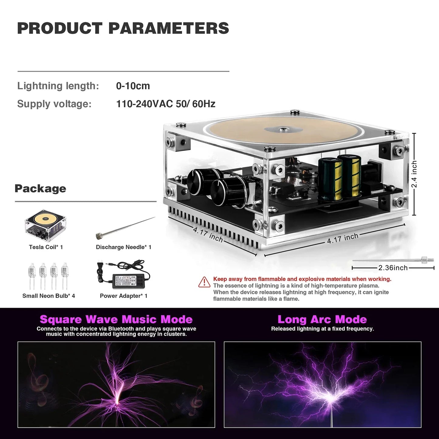 Bluetooth Musical Tesla Coil, Touchable Artificial Lightning Spark Gap Arc Generator Science Teaching Experiment Model