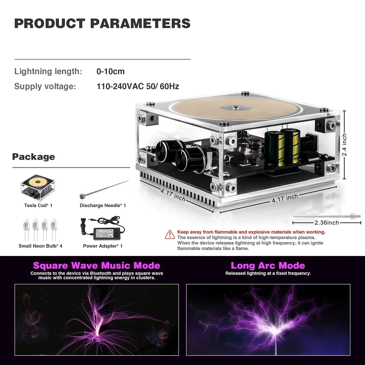Bluetooth Musical Tesla Coil, Touchable Artificial Lightning Spark Gap Arc Generator Science Teaching Experiment Model